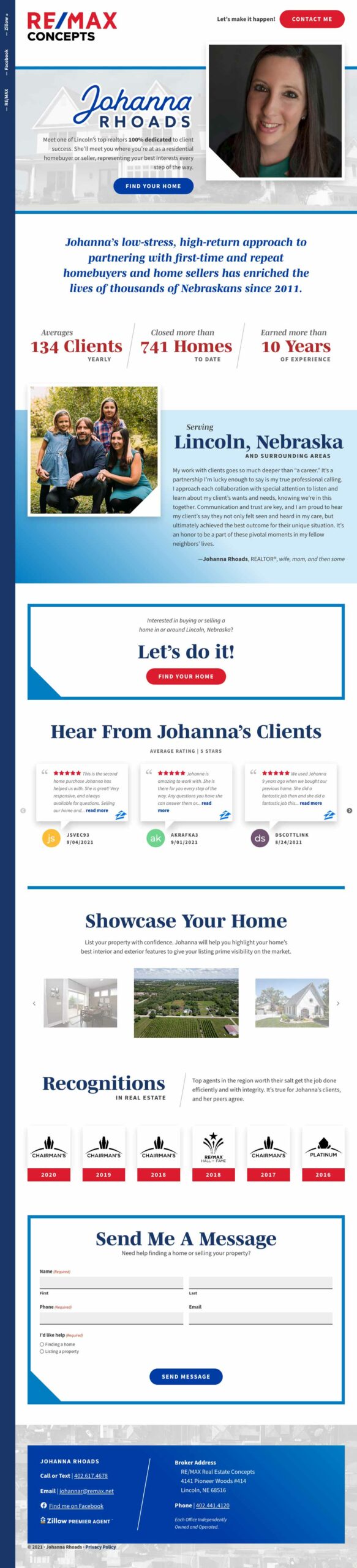 Johanna Rhoads, Realtor homepage showcasing Johanna's accomplishments utilizing REMAX branding